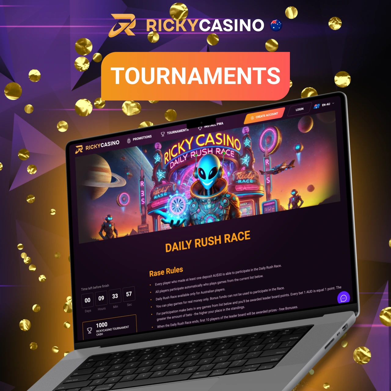 Overview of Ricky Casino tournaments with real cash prizes and free spin opportunities for registered users