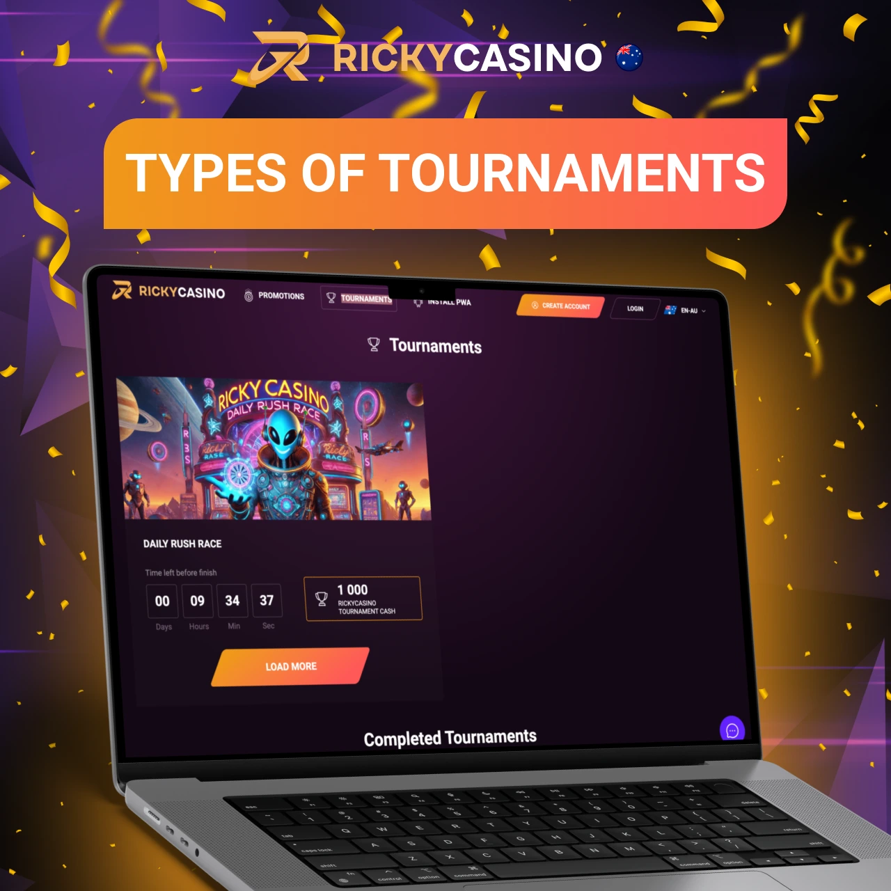 Different types of Ricky Casino tournaments including daily challenges and seasonal promotional events
